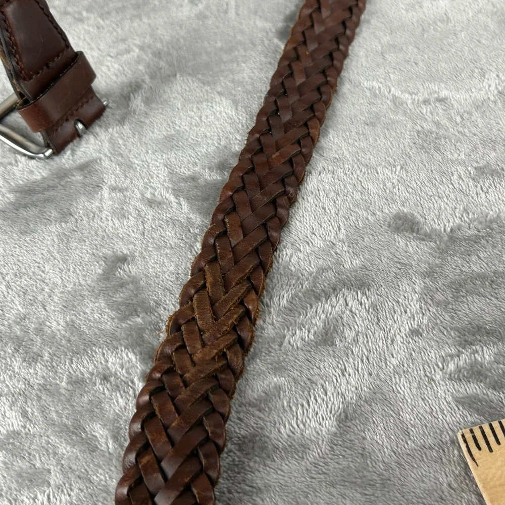 Mens Brown Braided Genuine Leather Belt Silver Buckle Size XL Woven 51 Inch